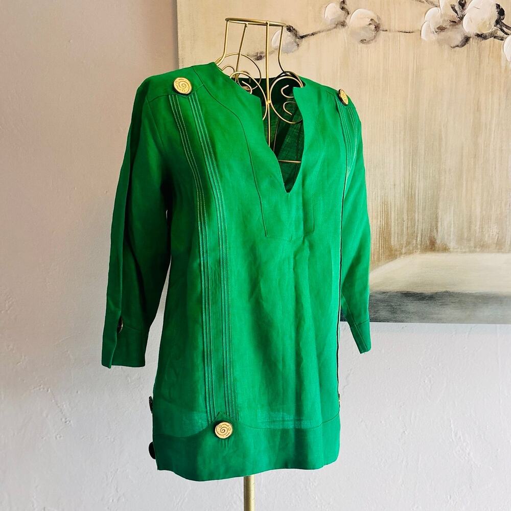 La Cubana 100% Linen Green Tunic Top Women’s Small USA Made Statement Buttons